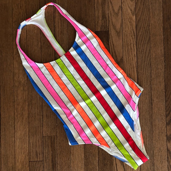 Aerie One Piece Swimsuit Neon Stripes Raceback Cheeky Size Small NWOT - Picture 1 of 5